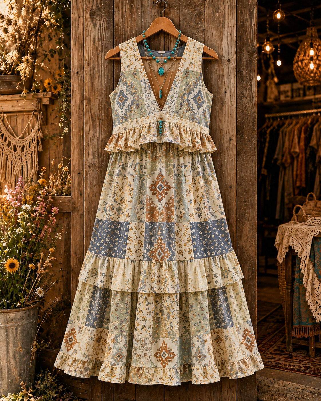 Floral Art Printed Vintage V-Neck Sleeveless Midi Dress
