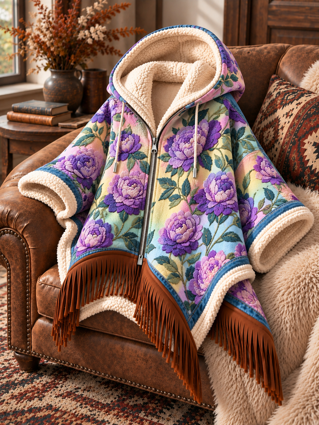 Women's Fall Winter Vintage Art Fleece-Lined Hooded Fringe Poncho