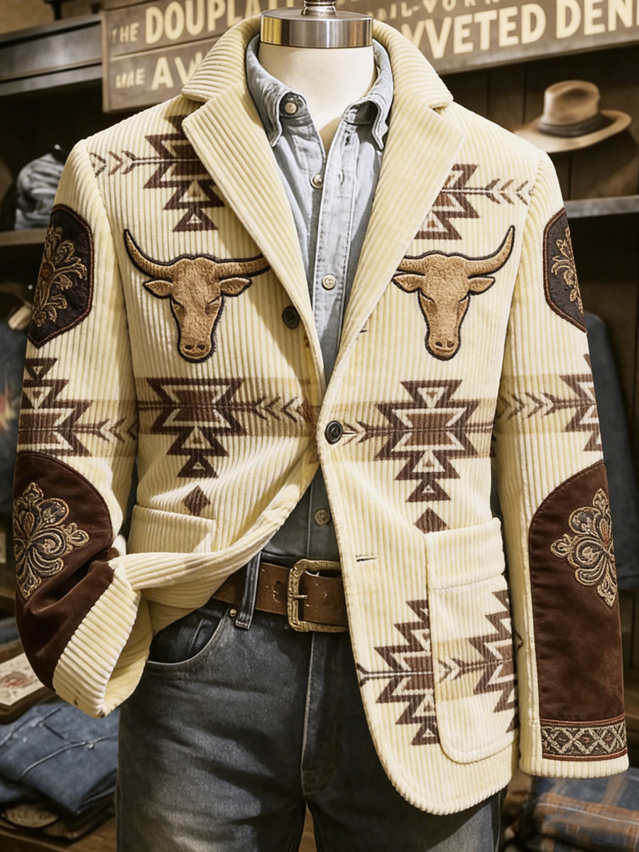 Men's Retro Western Style Paisley Art Print Casual Corduroy Pocket Blazers