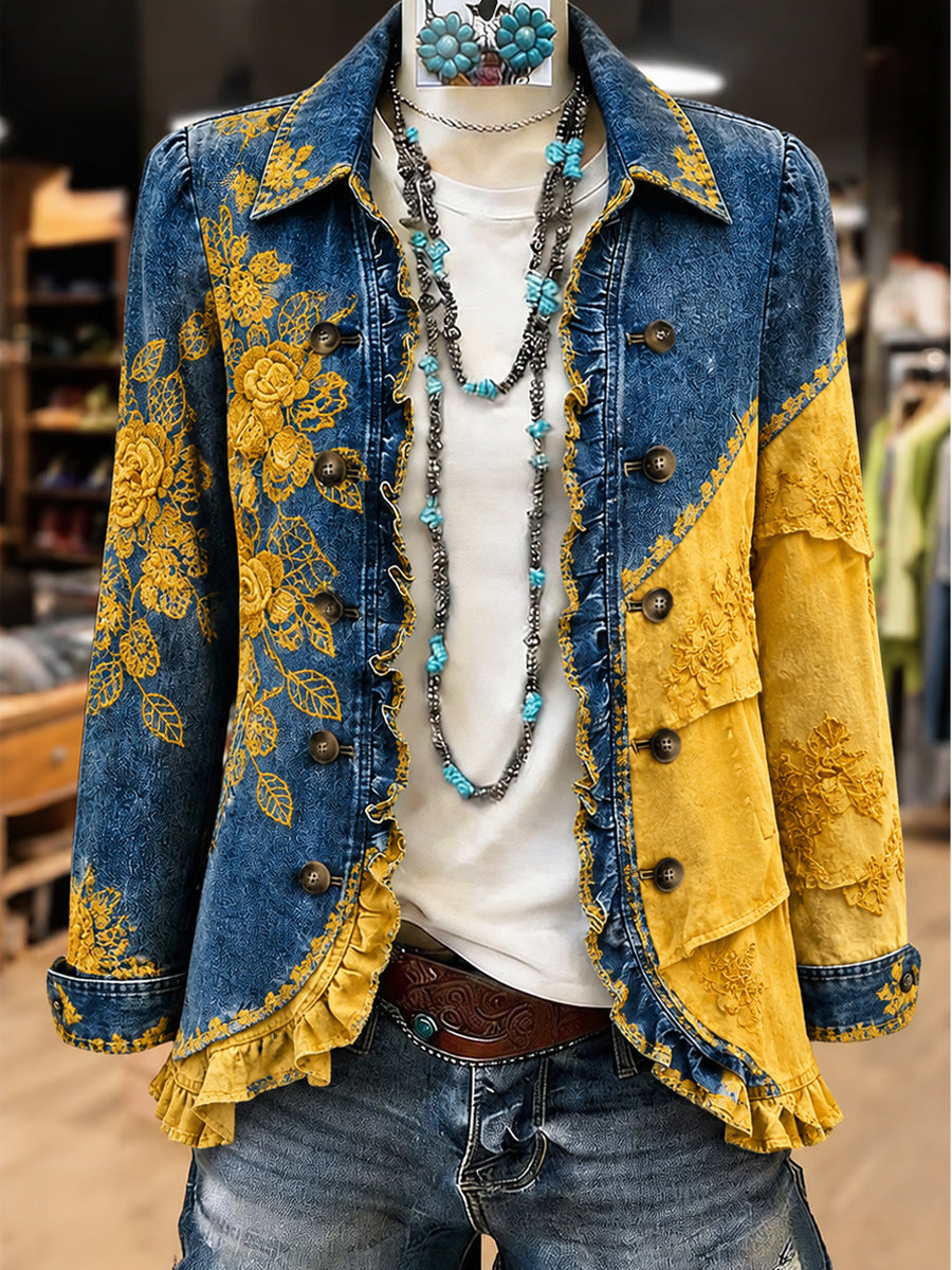 Women's Vintage Floral Art Print Casual Ruffled Shirt Jacket