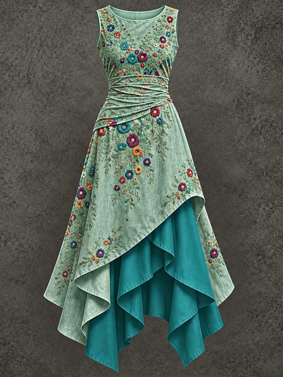 Retro Art Printed Vintage Sleeveless Irregularly Layered Stitched Midi Dress