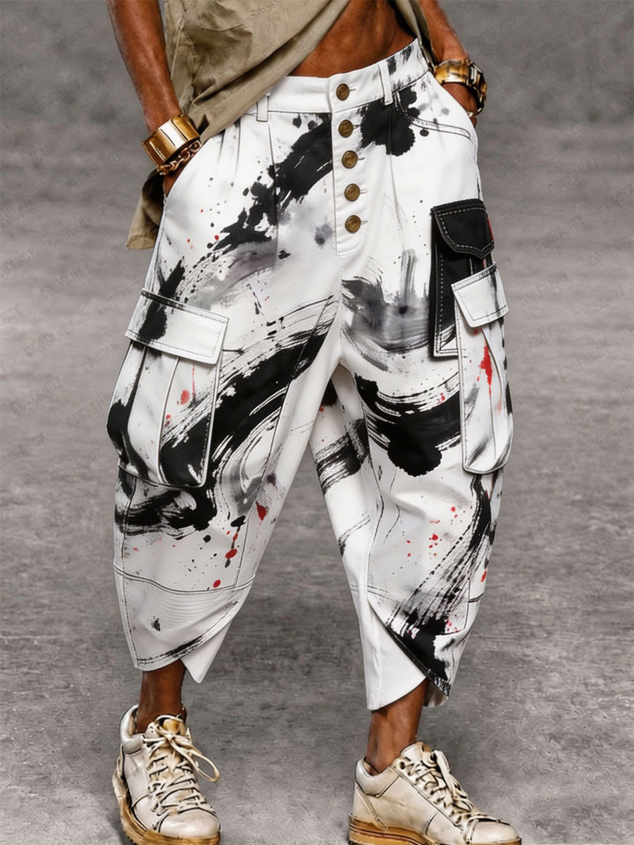 Men's Retro Art Print Casual Cargo Pants