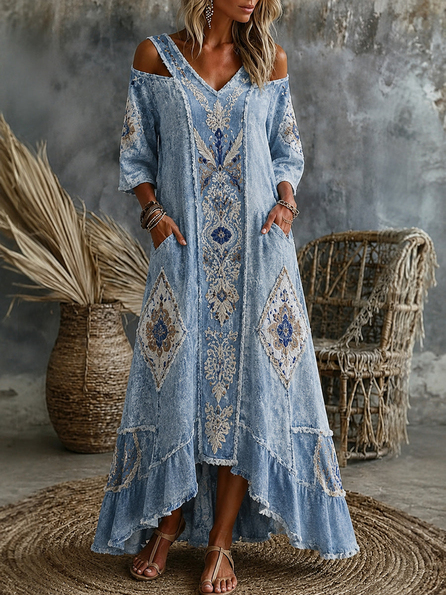 Women's Retro Art Print Washed Cotton V-Neck Maxi Dress