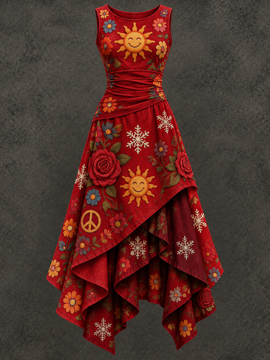 Retro Christmas Art Printed Vintage Sleeveless Irregularly Layered Stitched Midi Dress