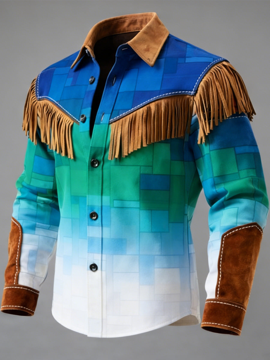 Men's Retro Leisurely Style Art Print Western Vintage Tassel Casual Long Sleeve Shirt