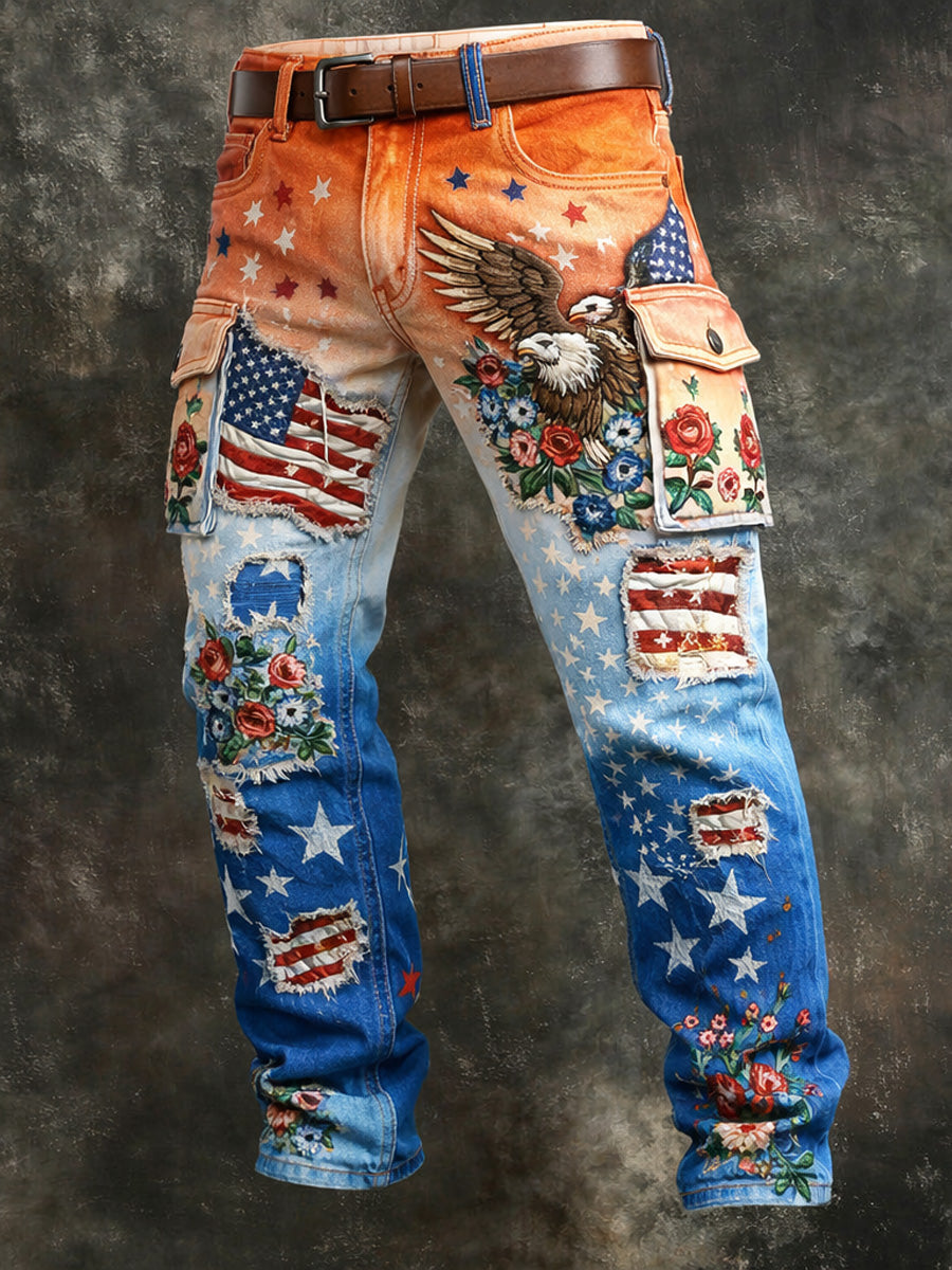 Men's Retro USA Flag Print Casual Workwear Trousers