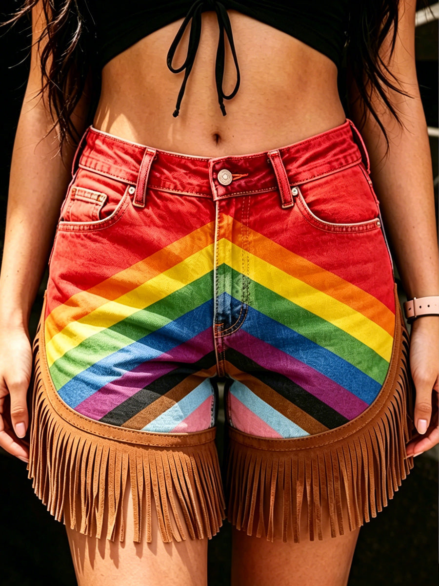Women's Retro Floral Art Print Casual Leather Fringe Patchwork Pocket Shorts