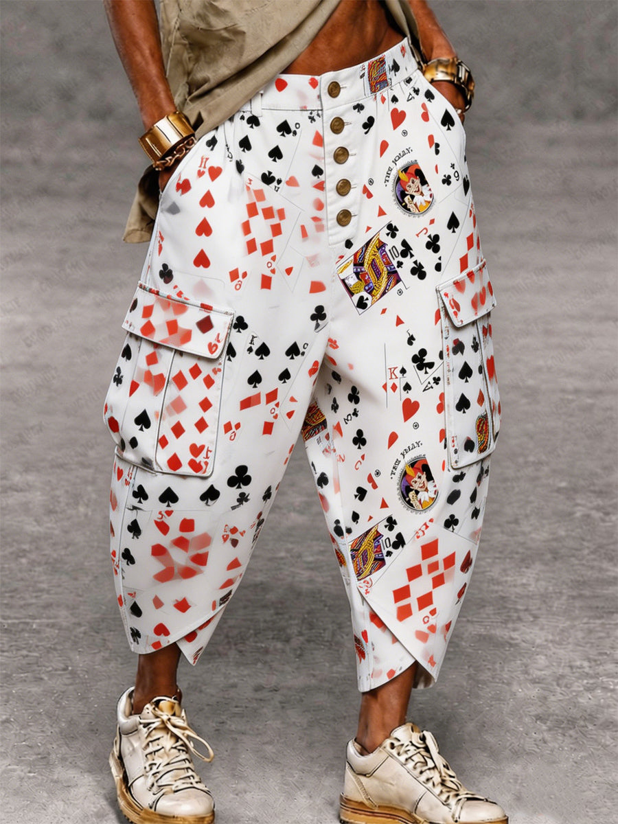 Men's Retro Poker Card Art Print Casual Cargo Pants