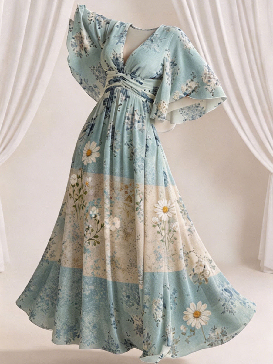 Retro Style Art Printed Elegant V-Neck Vintage Wide-Sleeved Sleeves Maxi Dress