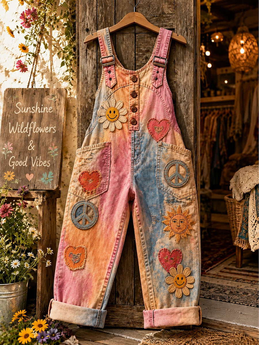 Women's Retro Style Art Print Washed Cotton Denim Patchwork Jumpsuit