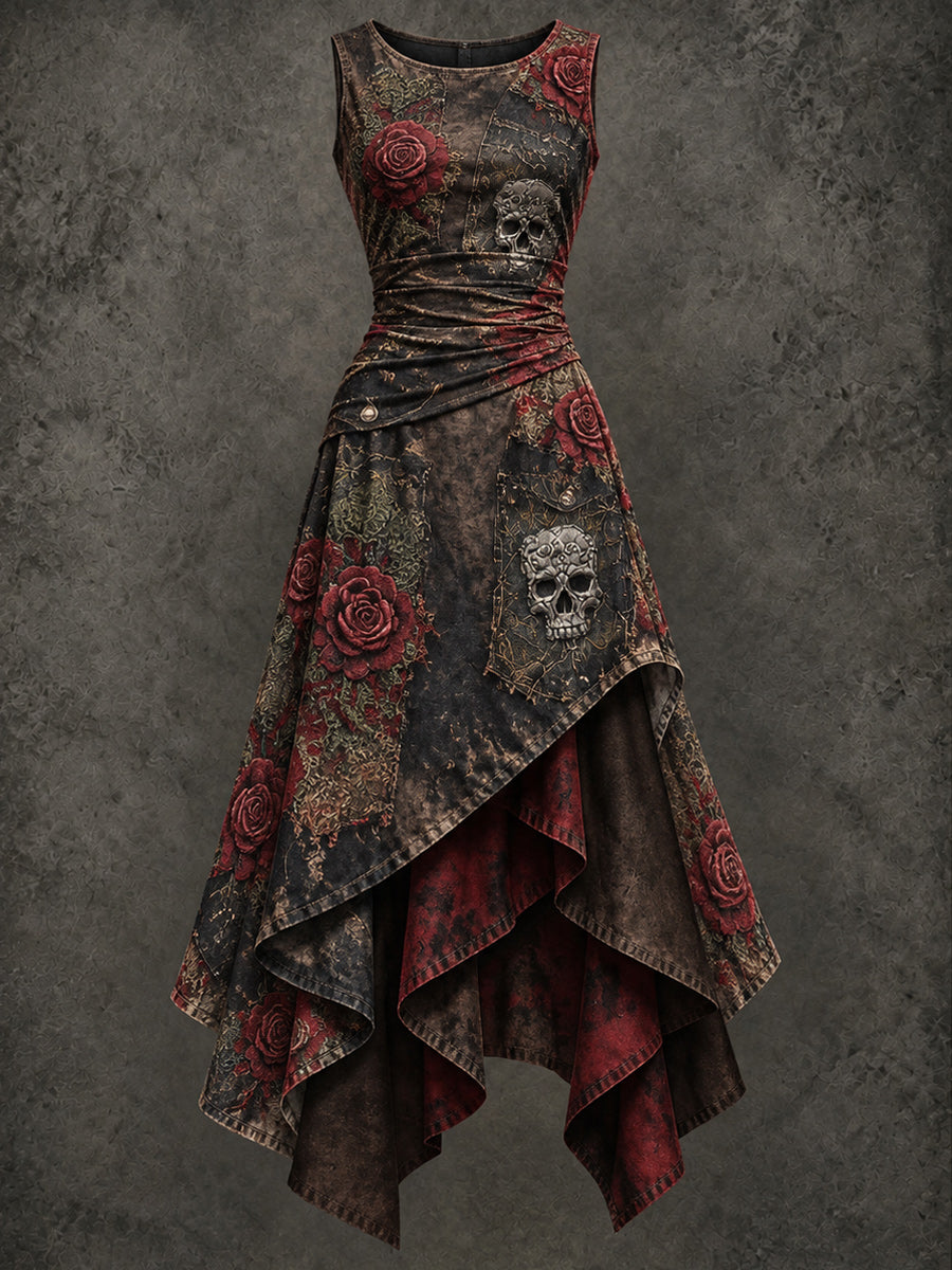 Retro Art Printed Vintage Sleeveless Irregularly Layered Stitched Midi Dress