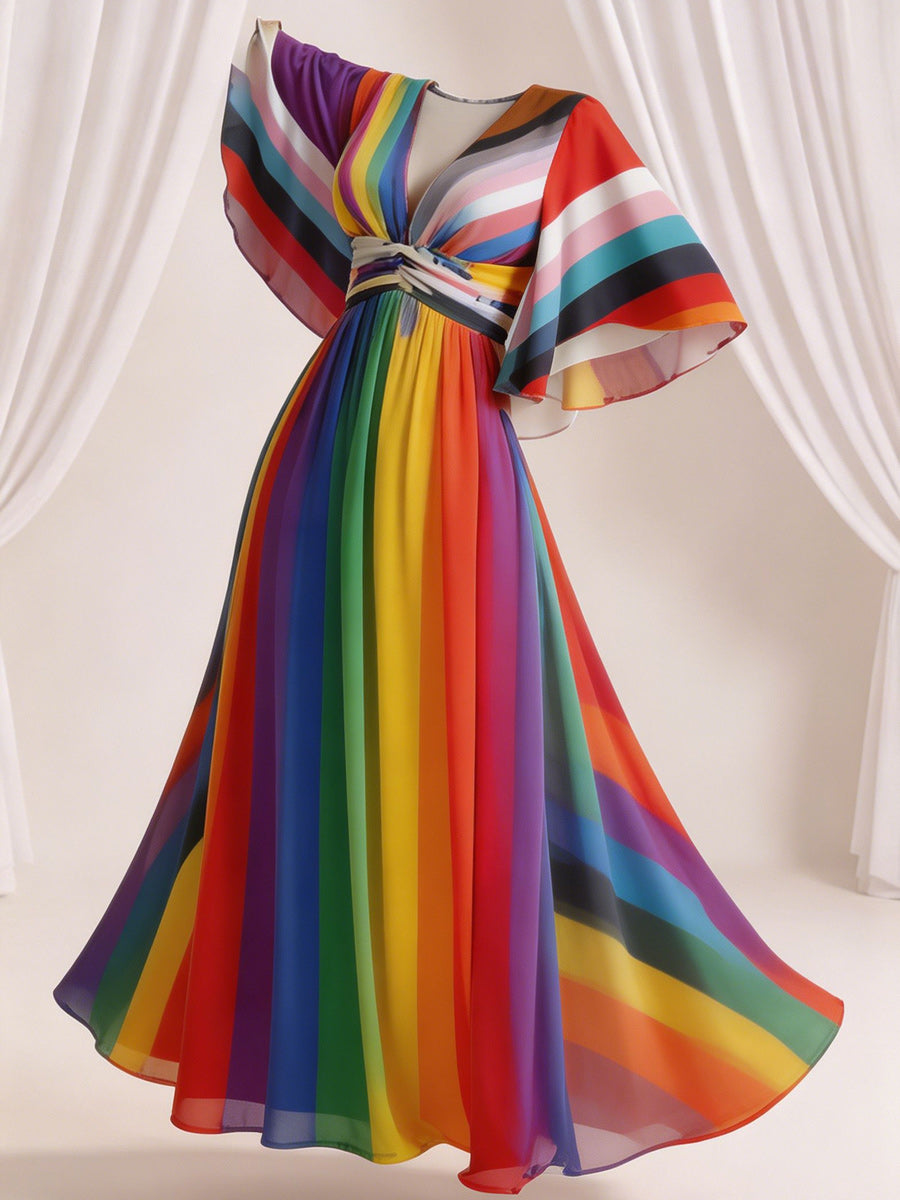 Retro Style Art Printed Elegant V-Neck Vintage Wide-Sleeved Sleeves Maxi Dress