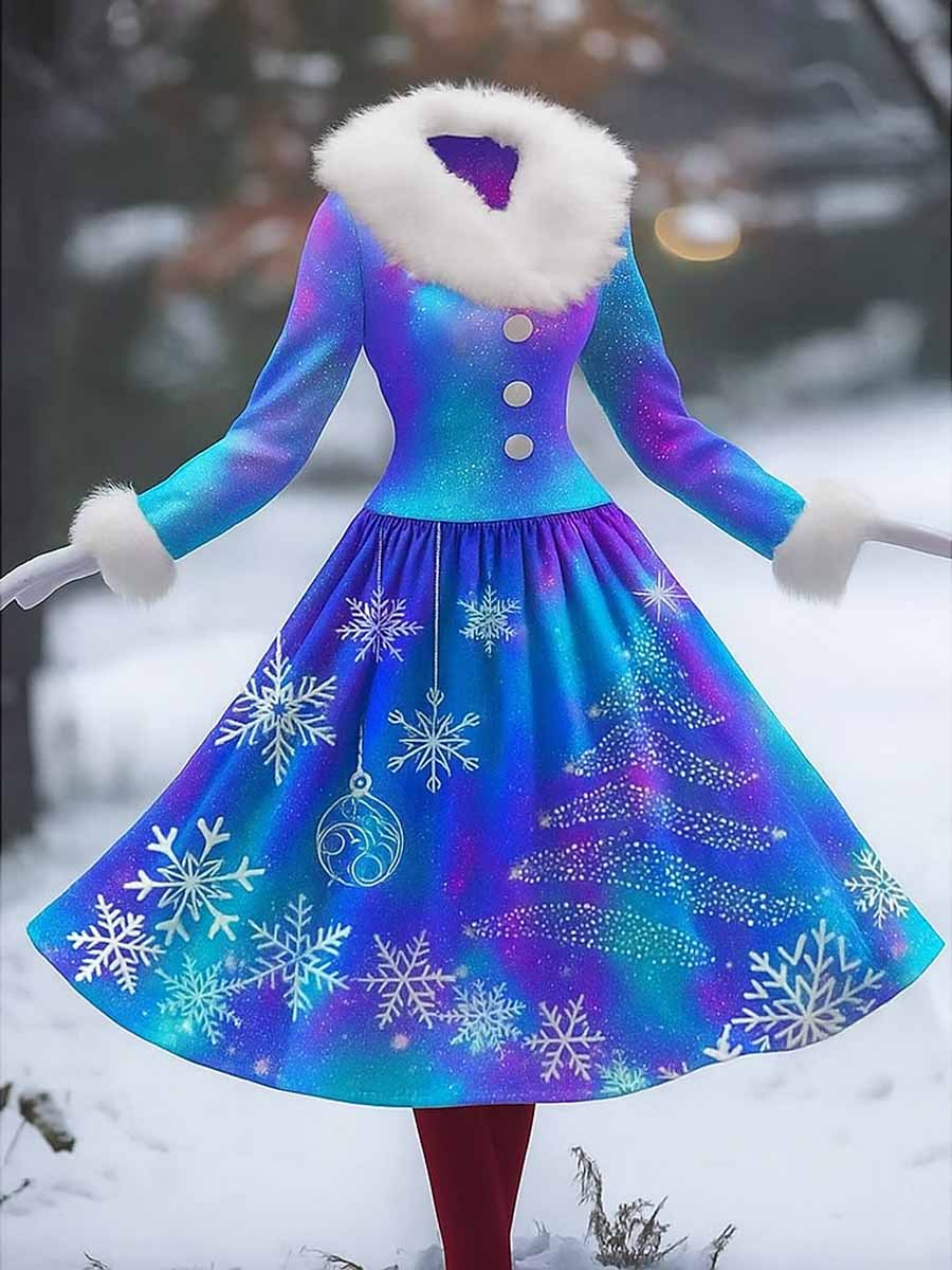 Floral Print Vintage Elegant Fur Collar Long Sleeve Midi Dress