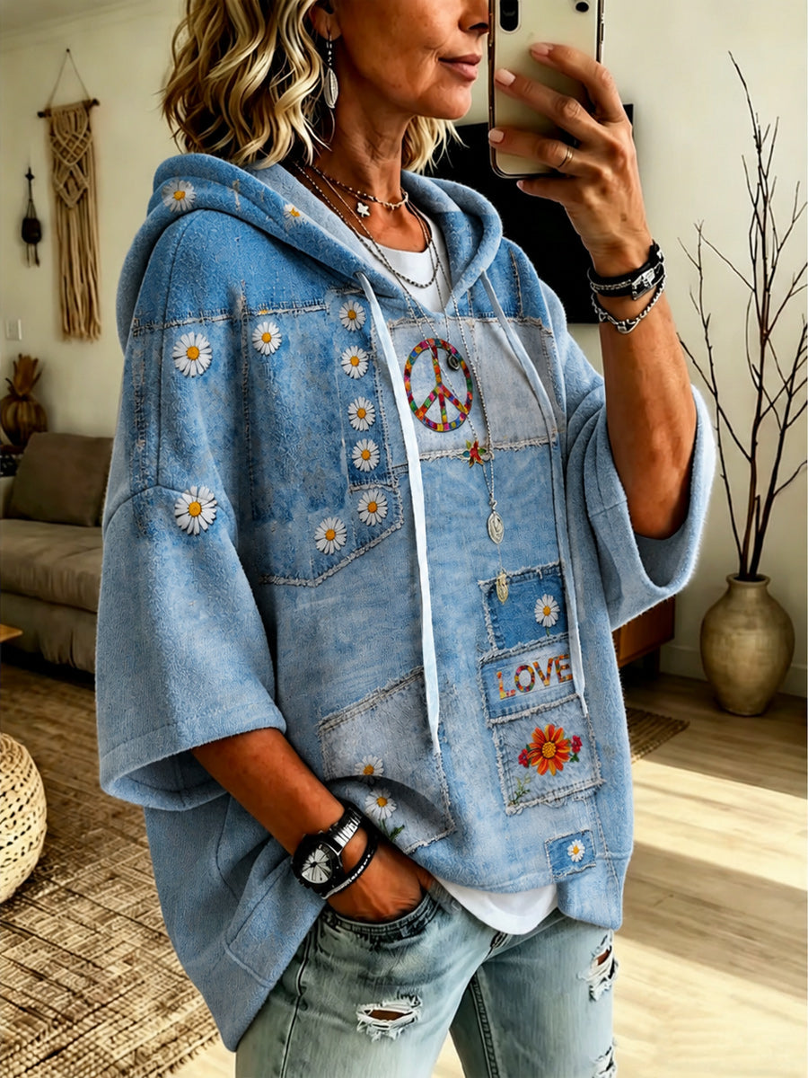 Retro Style Art Printed Casual Short Sleeve Hooded Drawstring Loose Top