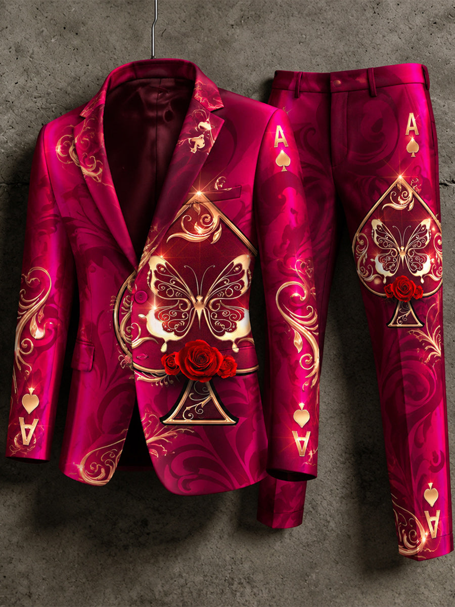 Men's Retro Style Poker Art Print Casual Jacket Trousers Two-Piece Suits
