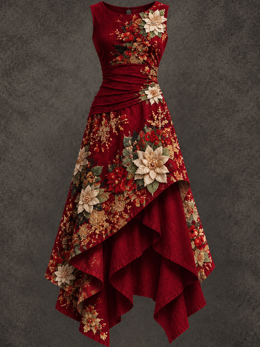 Retro Christmas Art Printed Vintage Sleeveless Irregularly Layered Stitched Midi Dress