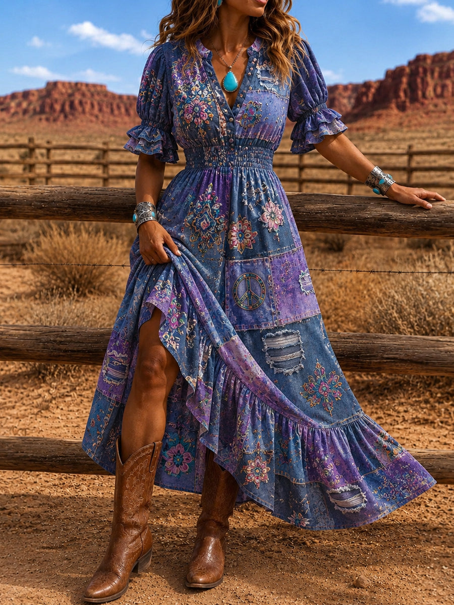 Women's Retro Art Print Washed Cotton Layered Patchwork Midi Dress
