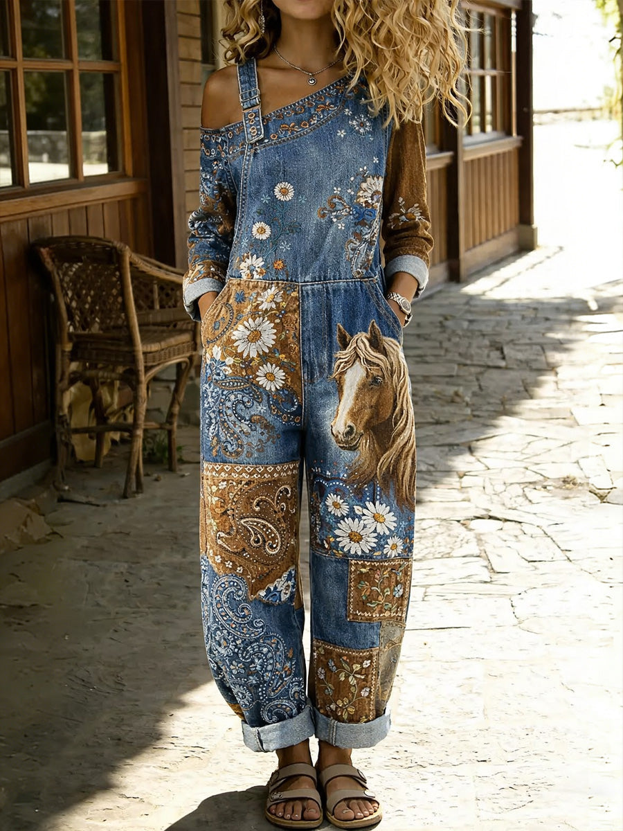 Women's Retro Style Floral Art Print Washed Cotton Denim Patchwork Jumpsuit