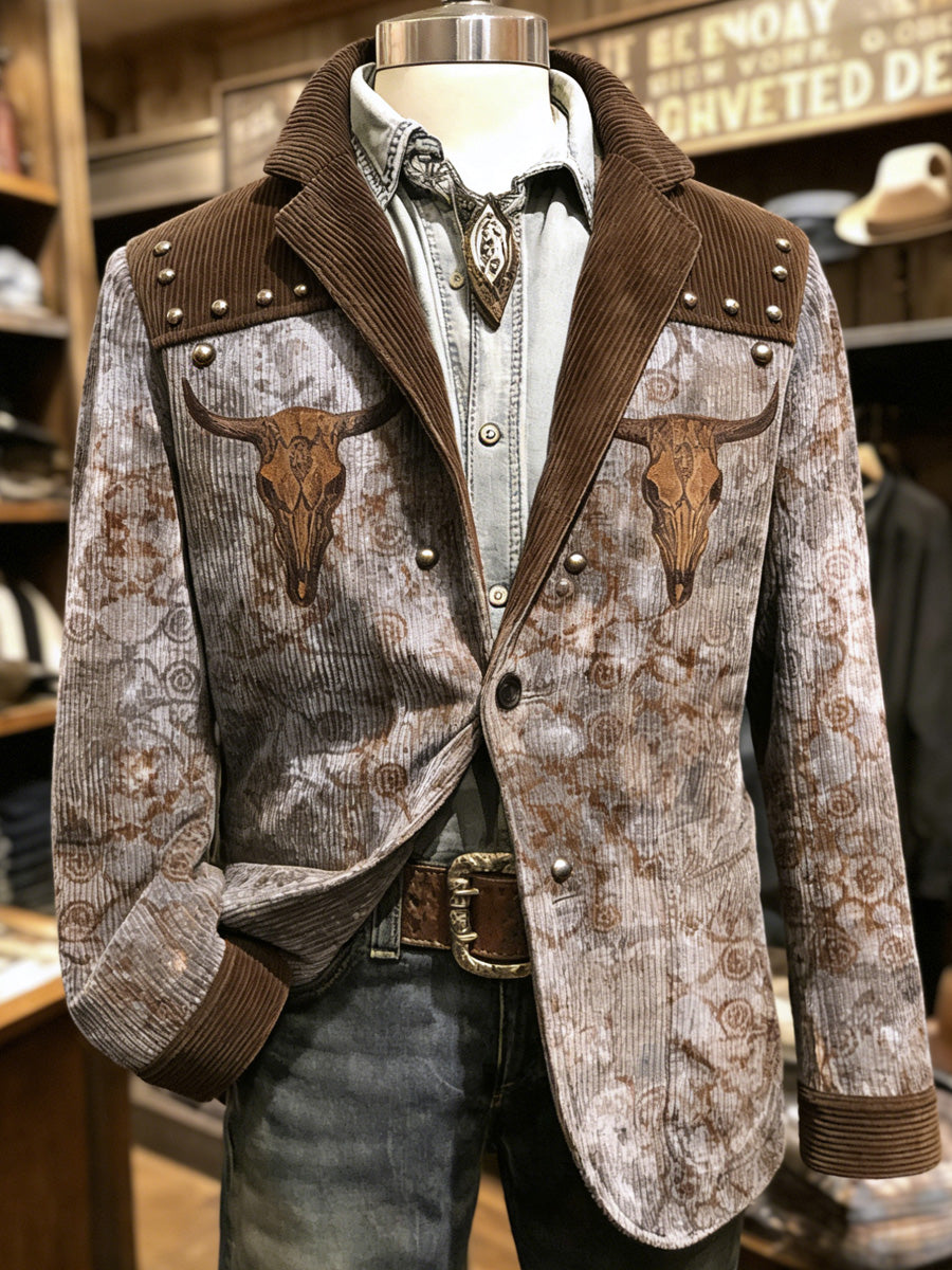 Men's Retro Western Style Paisley Art Print Casual Corduroy Pocket Blazers