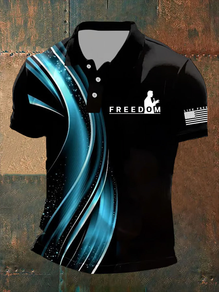 Men's Freedom American Flag Print Retro Round Neck Short Sleeves Polo Shirt