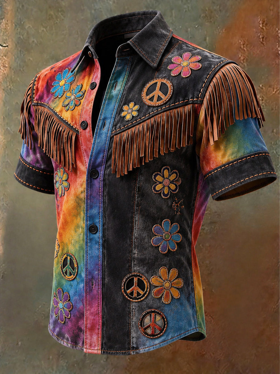 Men's Retro Hippie Art Printed Vintage Tassel Casual Short Sleeves Shirt