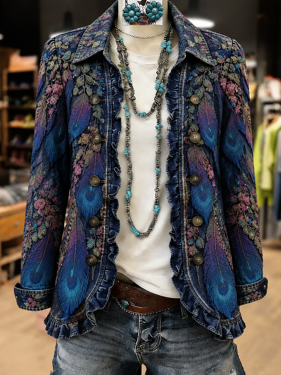 Women's Vintage Floral Art Print Casual Ruffled Shirt Jacket