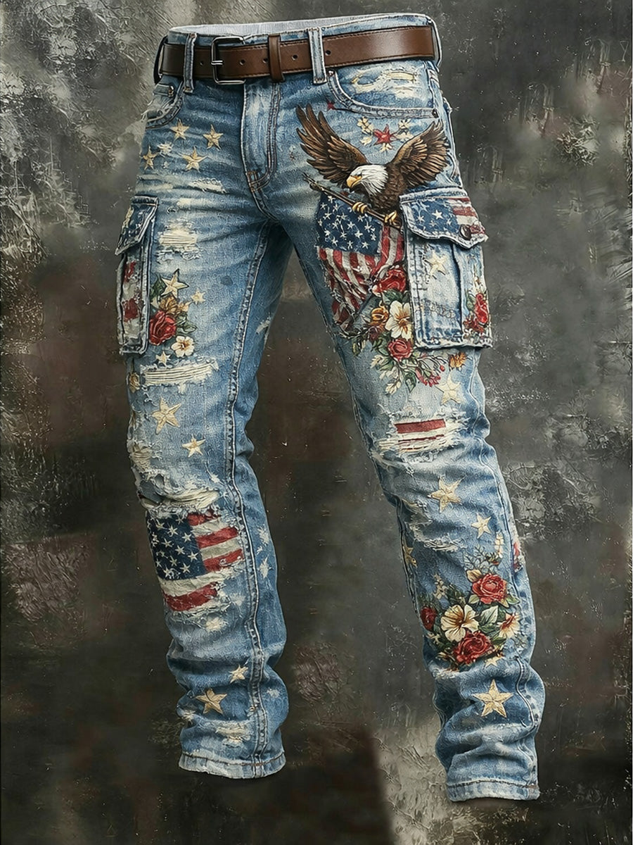 Men's Retro USA Flag Print Casual Workwear Trousers