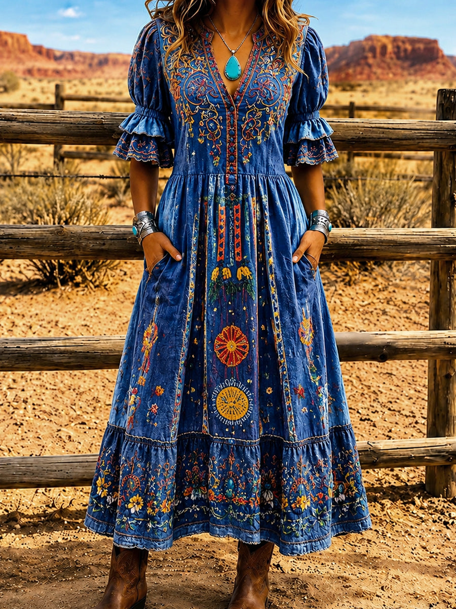 Women's Retro Art Print Washed Cotton Lace Patchwork Midi Dress