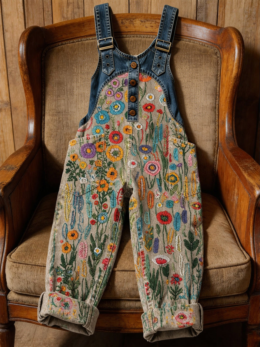 Women's Retro Style Art Print Washed Cotton Denim Patchwork Jumpsuit