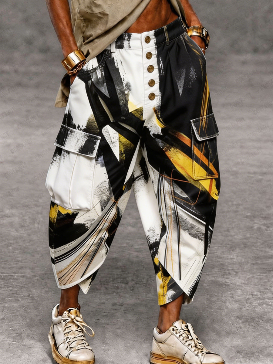 Men's Retro Art Print Casual Cargo Pants