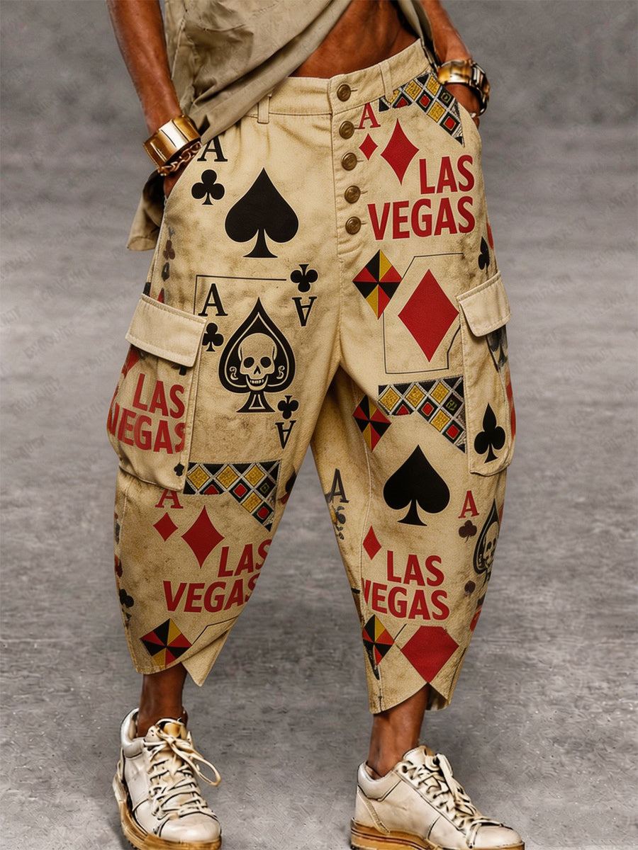 Men's Retro Poker Card Art Print Casual Cargo Pants
