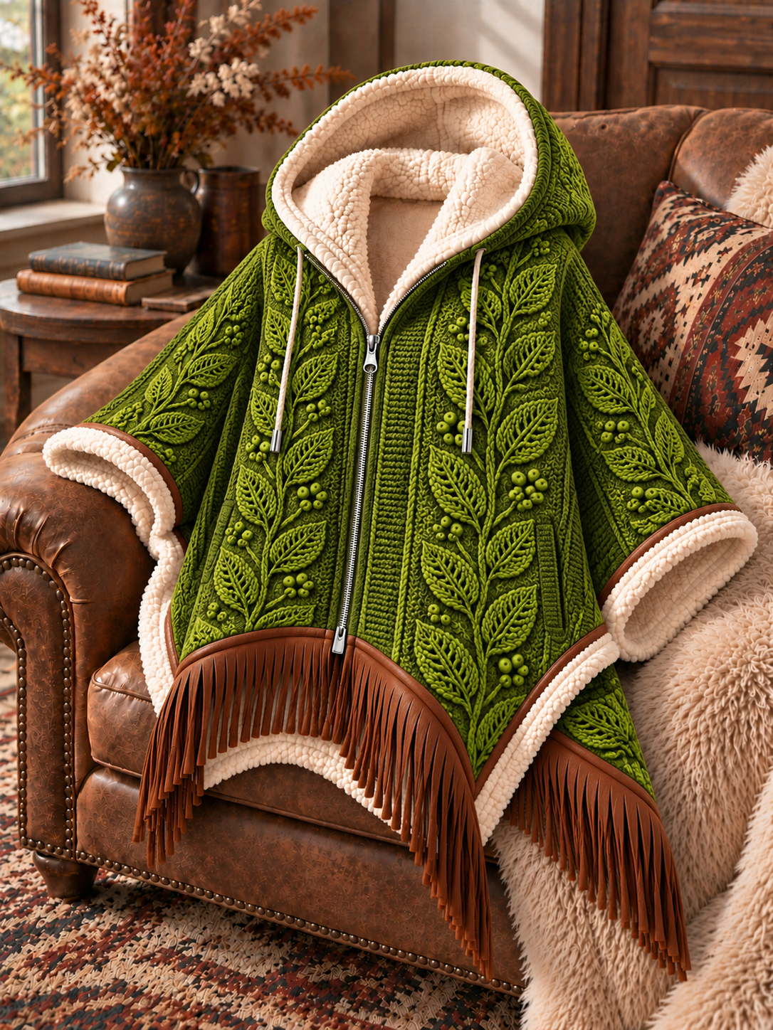Women's Fall Winter Vintage Art Fleece-Lined Hooded Fringe Poncho