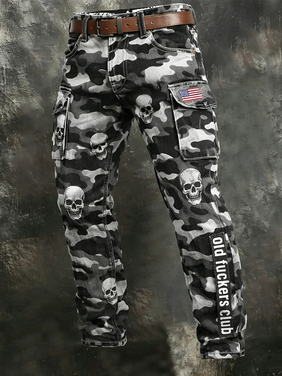 Men's Retro Old Fuckers Club Camouflage Print Casual Workwear Trousers
