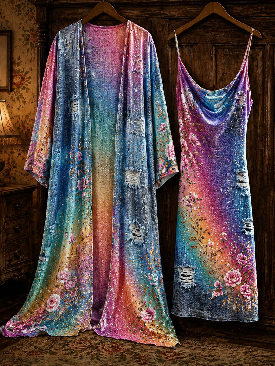 Retro Pride Month Rainbow Art Printed Vintage Camisole Dress Long Sleeve Two-Piece Midi Dress