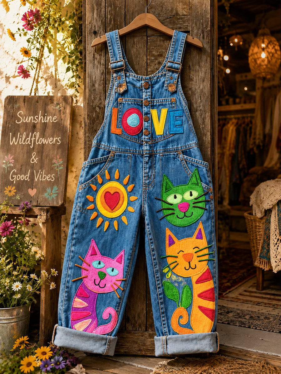 Women's Retro Style Art Print Washed Cotton Denim Patchwork Jumpsuit