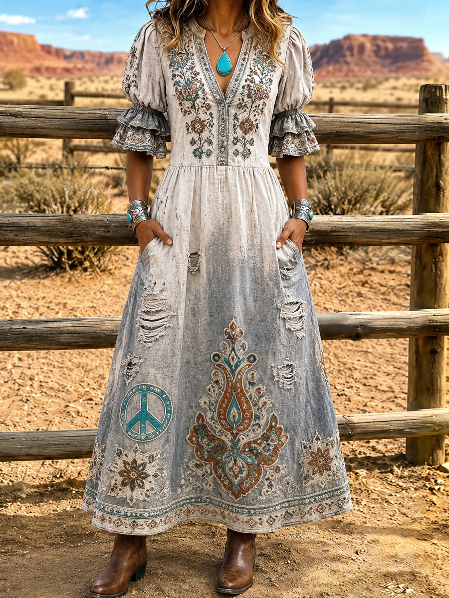 Women's Retro Art Print Washed Cotton Layered Patchwork Midi Dress