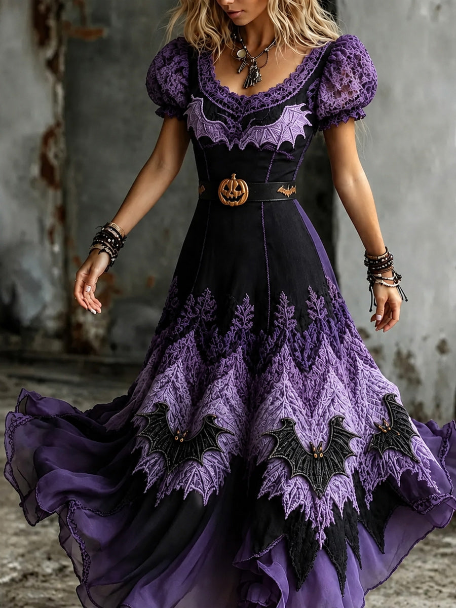 Women's Retro Art Print Washed Cotton Lace Patchwork Midi Dress