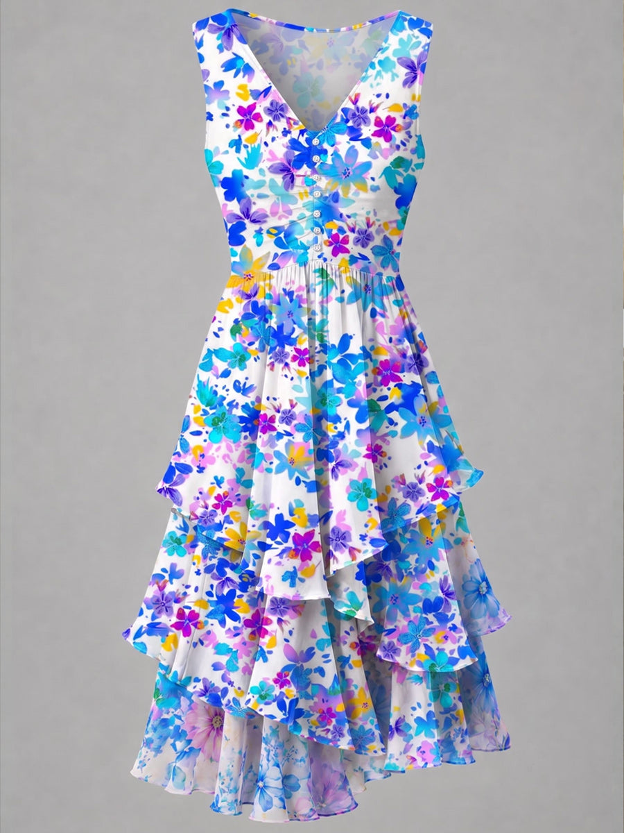 Retro Floral Art Print Casual Vintage V-Neck Button Midi Dress