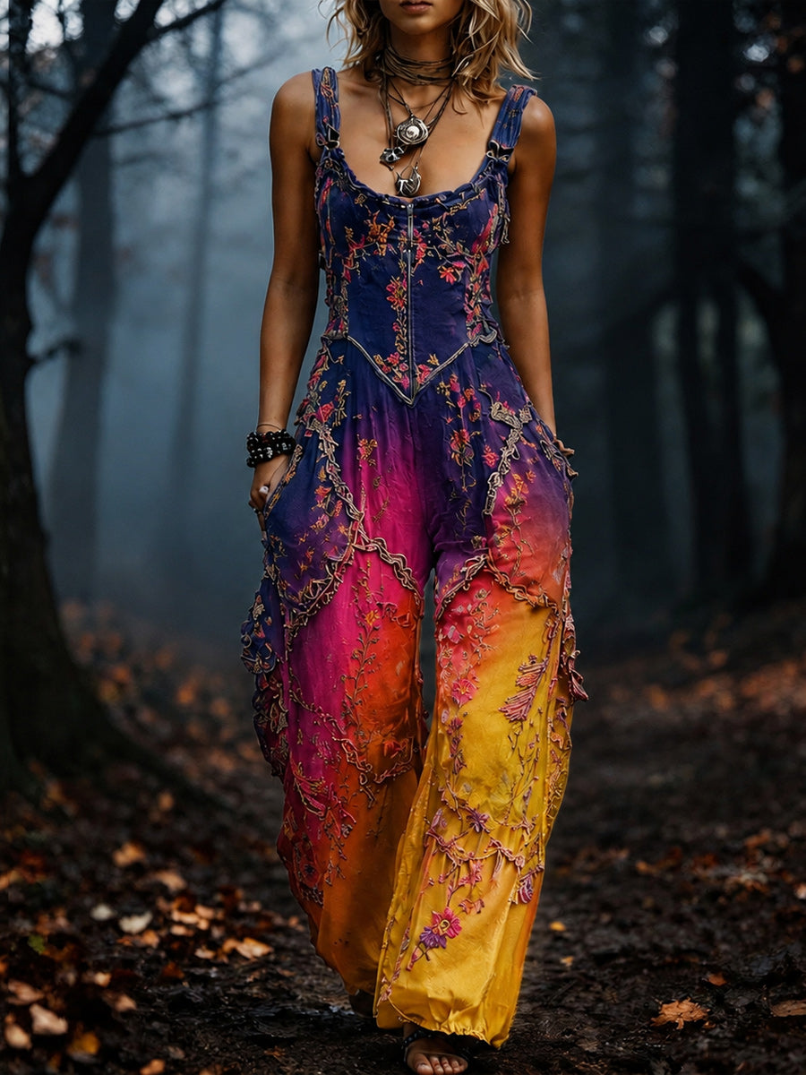 Women's Retro Style Art Print Washed Cotton Denim Patchwork Jumpsuit