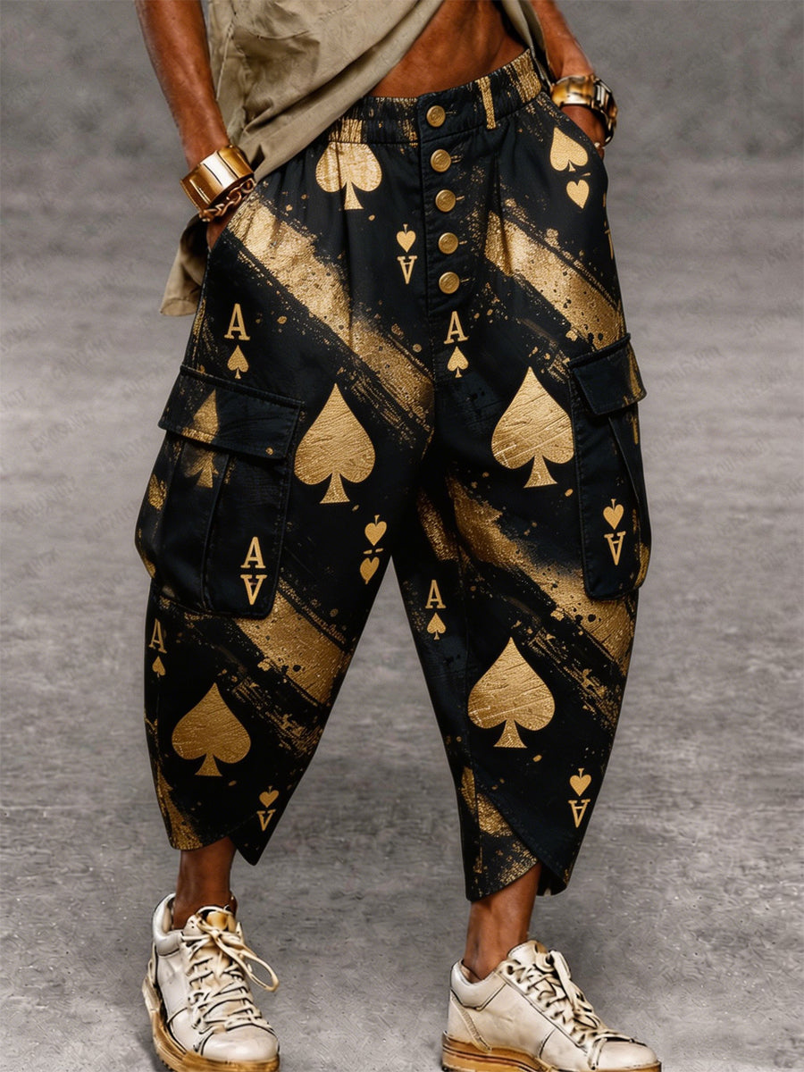 Men's Retro Poker Card Art Print Casual Cargo Pants