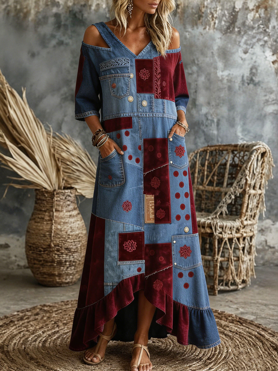 Women's Retro Art Print Washed Cotton V-Neck Maxi Dress