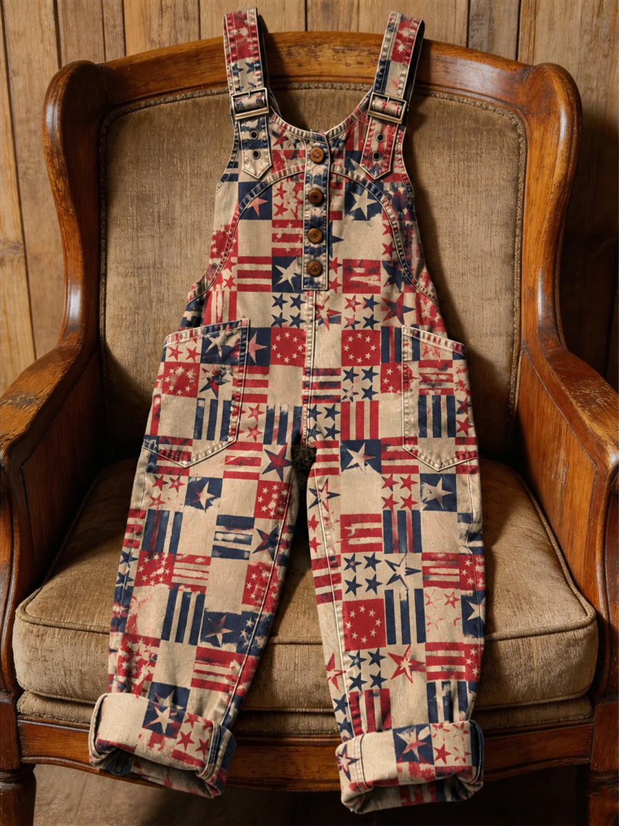 Women's Retro Style Art Print Washed Cotton Denim Patchwork Jumpsuit