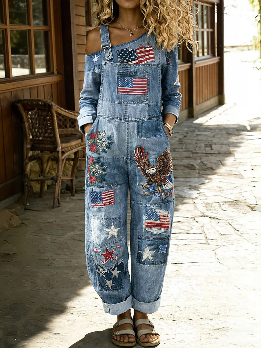 Women's Retro American Flag Art Print Washed Cotton Denim Patchwork Jumpsuit