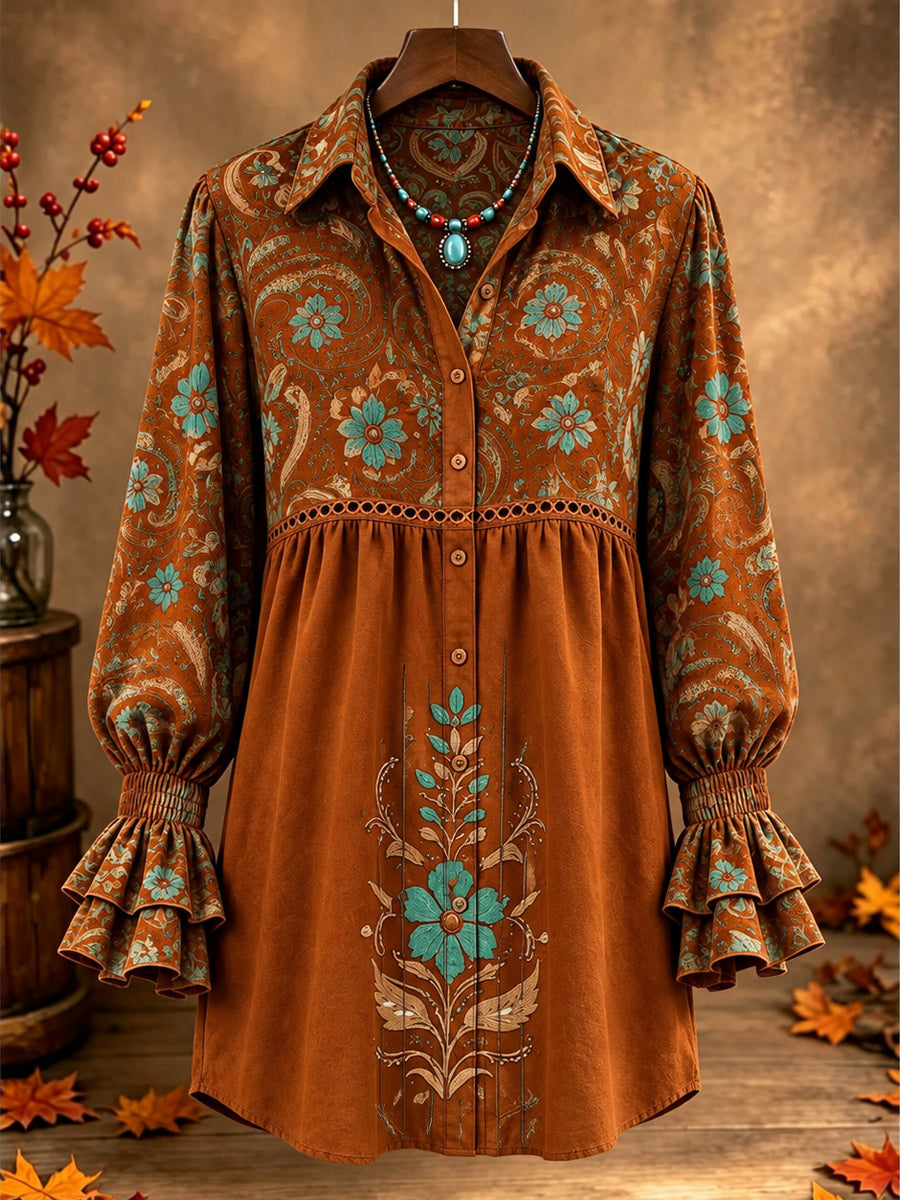 Women's Casual Art Print Retro V-Neck Layered Stitched Long Sleeve Shirt