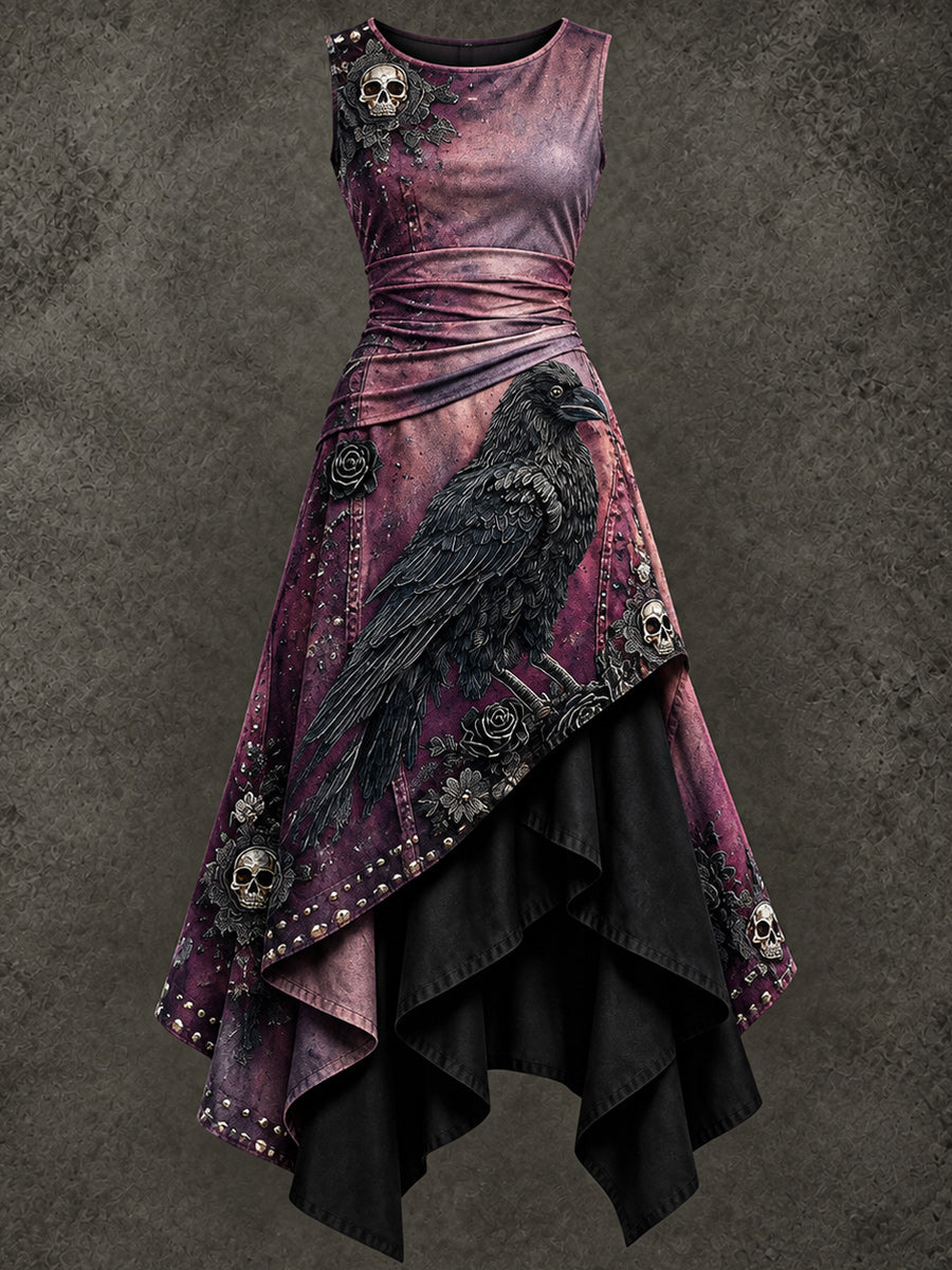 Retro Art Printed Vintage Sleeveless Irregularly Layered Stitched Midi Dress