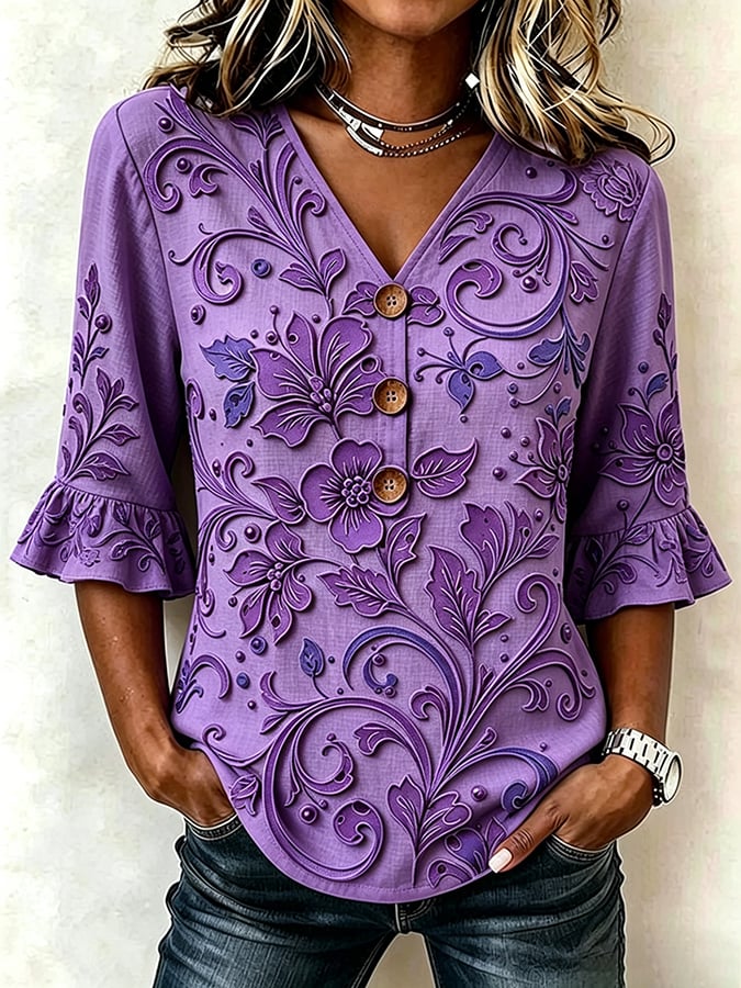 Women's Casual Purple Floral-Print Cotton-Linen Shirt