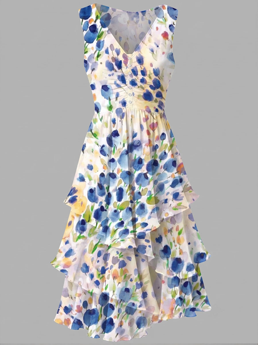 Retro Floral Art Print Casual Vintage V-Neck Button Midi Dress