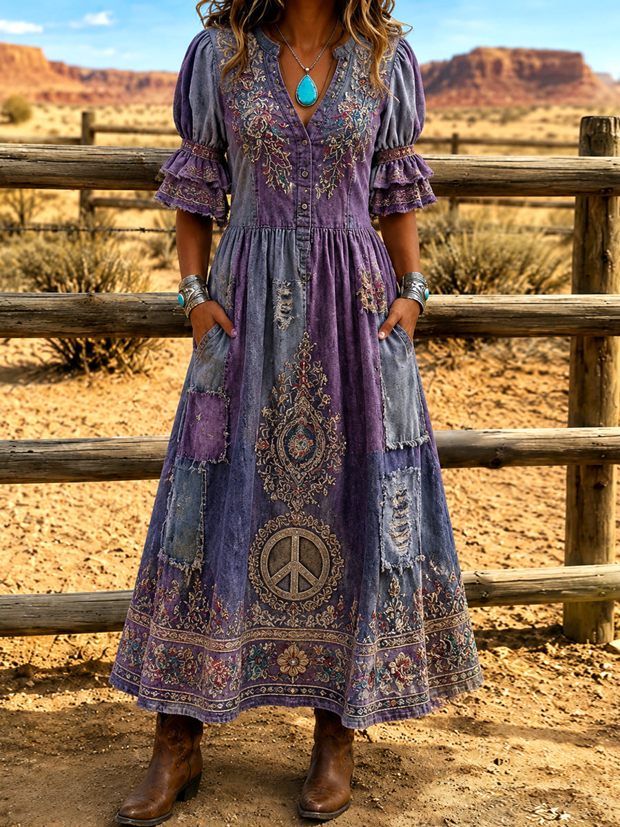 Women's Retro Art Print Washed Cotton Layered Patchwork Midi Dress