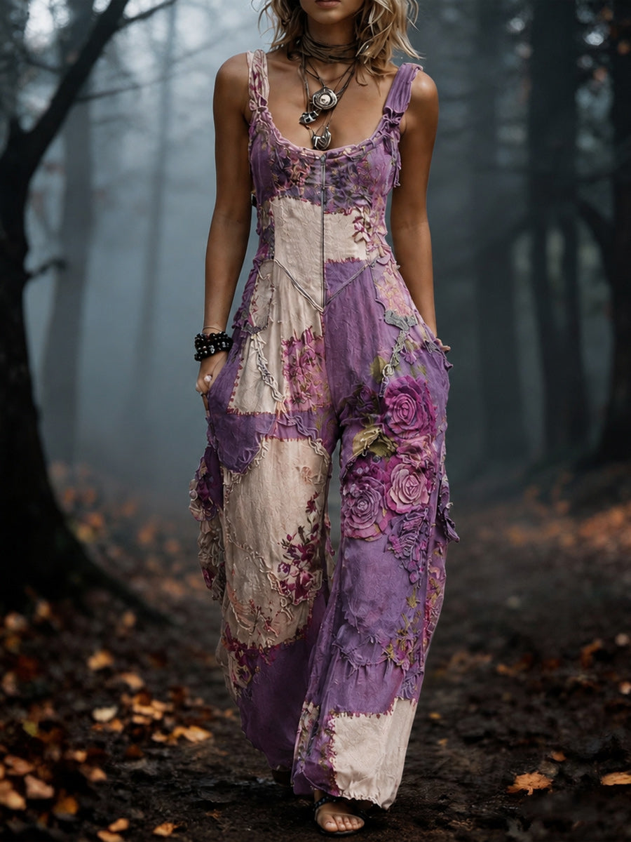 Women's Retro Style Art Print Washed Cotton Denim Patchwork Jumpsuit