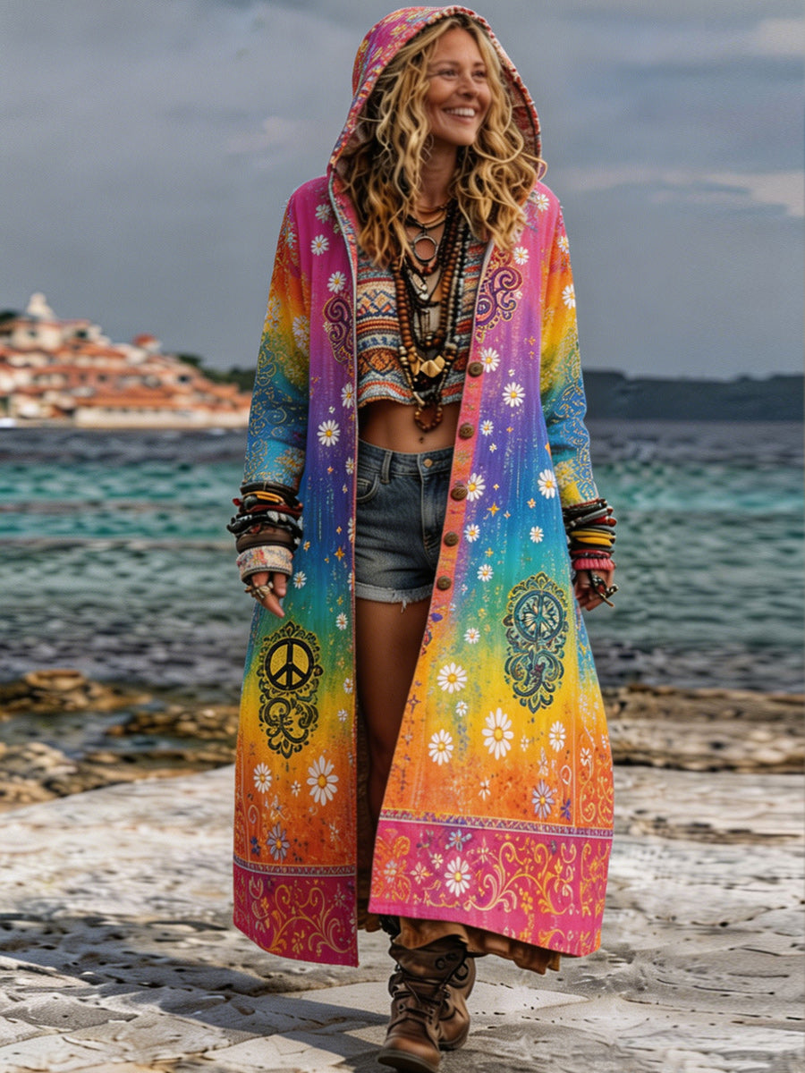Retro Bohemian Style Art Printed Cotton Buttoned Hooded Casual Loose Long-Sleeved Shirt